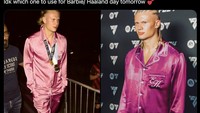 Foto editan Haaland pakai pink ini memunculkan narasi bahwa ia akan mengenakan busana itu pada saat premiere film Barbie tanggal 21 Juli. Foto: dok. Internet/Twitter