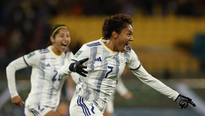 Soccer Football - FIFA Womens World Cup Australia and New Zealand 2023 - Group A - New Zealand v Philippines - Wellington Regional Stadium, Wellington, New Zealand - July 25, 2023 Philippines Sarina Bolden celebrates scoring their first goal REUTERS/Amanda Perobelli