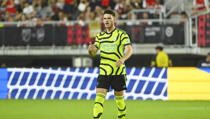 Jul 19, 2023; Washington, DC, USA; Arsenal midfielder Declan Rice (41) reacts after a play against MLS during the second half of the 2023 MLS All Star Game at Audi Field. Mandatory Credit: Brad Mills-USA TODAY Sports