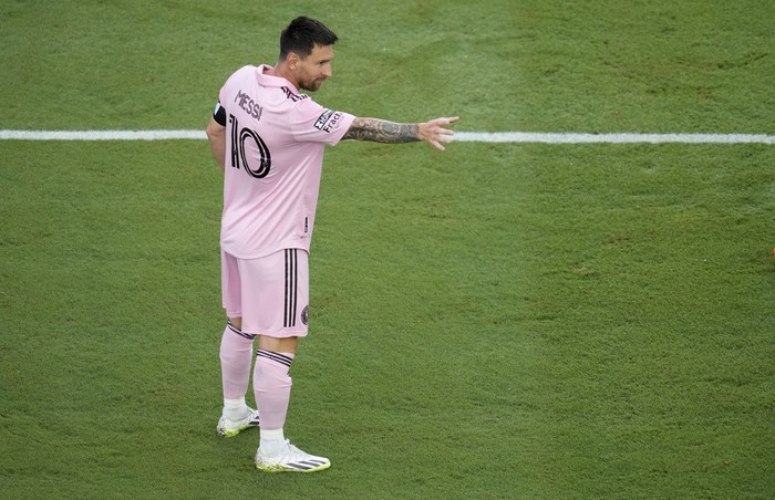 Jul 25, 2023; Fort Lauderdale, FL, USA; Inter Miami CF forward Lionel Messi (10) celebrates after scoring against Atlanta United during the first half at DRV PNK Stadium. Mandatory Credit: John David Mercer-USA TODAY Sports