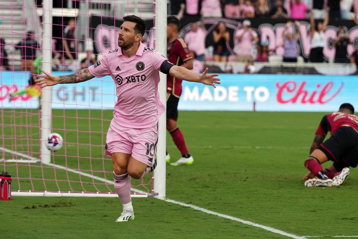 Jul 25, 2023; Fort Lauderdale, FL, USA; Inter Miami CF forward Lionel Messi (10) celebrates after scoring a goal in the first half against the Atlanta United at DRV PNK Stadium. Mandatory Credit: Jasen Vinlove-USA TODAY Sports