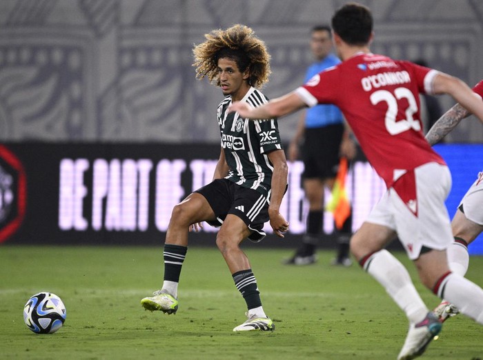 Jul 25, 2023; San Diego, California, USA; Manchester United midfielder Hannibal (46) passes the ball during the first half against Wrexham at Snapdragon Stadium. Mandatory Credit: Orlando Ramirez-USA TODAY Sports