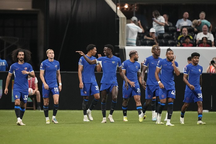 Chelseas Nicolas Jackson, center, celebrates after scoring against Newcastle during a Premier League Summer Series soccer match Wednesday, July 26, 2023, in Atlanta. (AP Photo/Brynn Anderson)
