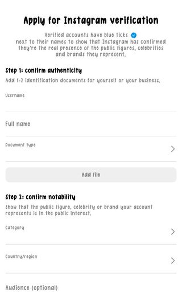 Laman permintaan verifikasi centang biru Instagram/Foto: Screenshot Instagram Laman permintaan verifikasi centang biru Instagram/Foto: Screenshot Instagram