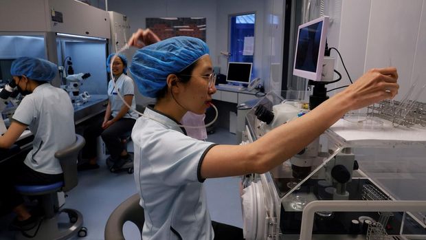 Embryologists work on creating viable embryos to be either used in an in vitro fertilization transfer or frozen for later use in a laboratory at the Stork Fertility Clinic in Hsinchu, Taiwan, May 16, 2023. Even though under current laws women cannot use their frozen eggs unless they are in a heterosexual marriage, demand for egg freezing in Taiwan has surged and more than a dozen centres offering egg freezing services opened last year. REUTERS/Ann Wang           SEARCH 