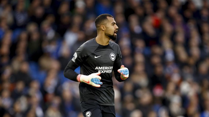 Brightons goalkeeper Robert Sanchez in action during the English Premier League soccer match between Brighton and Hove Albion and Bournemouth at the Amex Stadium in Brighton, England, Saturday, Feb. 4, 2023. (AP Photo/David Cliff)