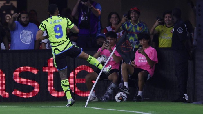 Jul 19, 2023; Washington, DC, USA; Arsenal forward Gabriel Jesus (9) celebrates after scoring a goal against the MLS All Stars in the first half of the 2023 MLS All Star Game at Audi Field. Mandatory Credit: Tommy Gilligan-USA TODAY Sports