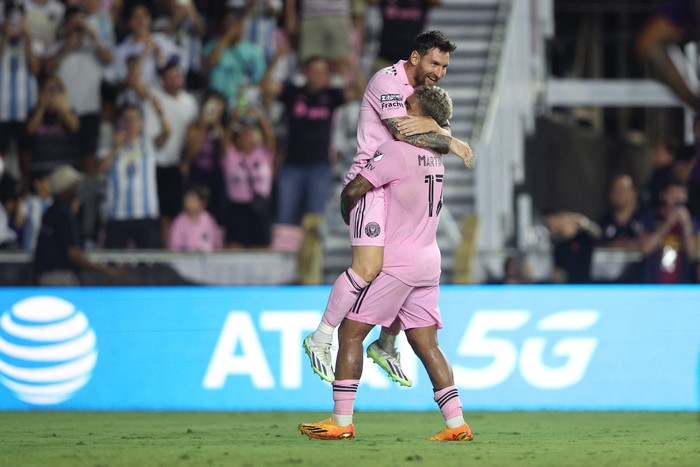 Aug 2, 2023; Fort Lauderdale, FL, USA;  Inter Miami CF forward Lionel Messi (10) is congratulated after scoring a goal against Orlando City SC during the second half at DRV PNK Stadium. Mandatory Credit: Nathan Ray Seebeck-USA TODAY Sports