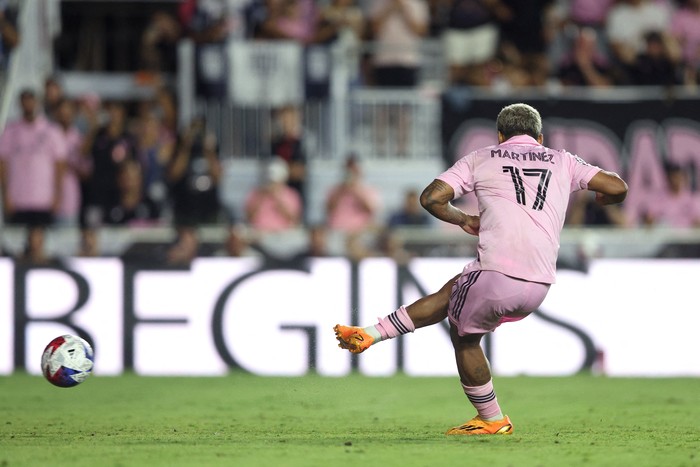 Aug 2, 2023; Fort Lauderdale, FL, USA; Inter Miami CF forward Josef Martinez (17) scores a goal on a penalty kick during the second half against Orlando City SC at DRV PNK Stadium. Mandatory Credit: Nathan Ray Seebeck-USA TODAY Sports