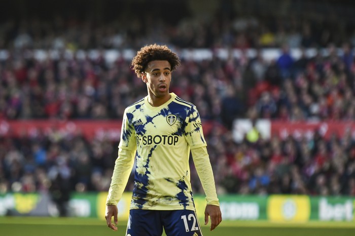 FILE - Leeds Uniteds Tyler Adams stands on the pitch during their English Premier League soccer match against Nottingham Forest at City Ground stadium in Nottingham, England, on Feb. 5, 2023. United States captain Tyler Adams is unlikely to play again for Leeds this season. Adams underwent hamstring surgery in March and Leeds manager Sam Allardyce says on Thursday, May 11 he does not expect the defensive midfielder to feature in the team’s final three games as it battles to avoid relegation from the Premier League. (AP Photo/Rui Vieira, File)