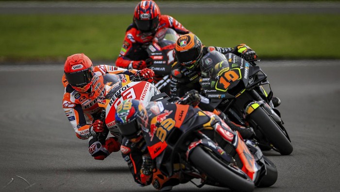 Repsol Honda Teams Marc Marquez, left,  during Free Practice One ahead of the British Grand Prix 2023 at Silverstone, England, Friday Aug. 4, 2023. (Bradley Collyer/PA via AP)