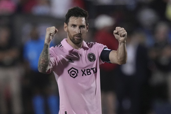 Inter Miami forward Lionel Messi celebrates a score during penalty kicks in the teams Leagues Cup soccer match against FC Dallas on Sunday, Aug. 6, 2023, in Frisco, Texas. (AP Photo/LM Otero)