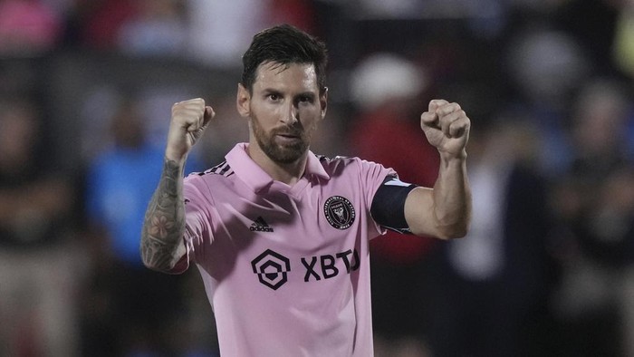 Inter Miami forward Lionel Messi celebrates a score during penalty kicks in the teams Leagues Cup soccer match against FC Dallas on Sunday, Aug. 6, 2023, in Frisco, Texas. (AP Photo/LM Otero)