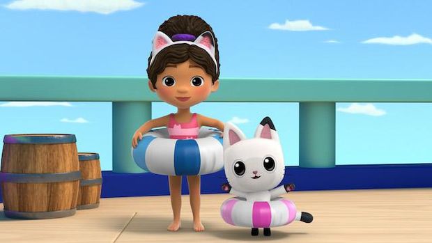 Gabby's Dollhouse. (L to R) Laila Lockhart Kraner as Gabby and Tucker Chandler as Pandy Paws in Gabby's Dollhouse. Cr. Courtesy of Netflix © 2023