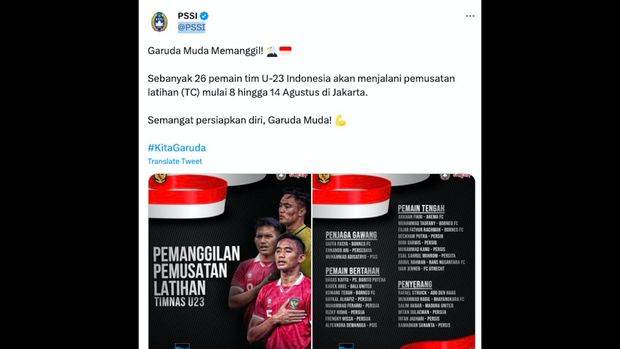 Daftar Pemain Timnas Indonesia U-23 yang dihapus. (Tangkapan layar Twitter PSSI)