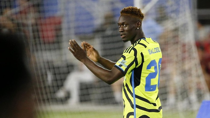 Jul 18, 2023; Washington, DC, USA; Arsenal forward Folarin Balogun (26) reacts during the 2023 MLS All Star Skills Challenge at Audi Field. Mandatory Credit: Amber Searls-USA TODAY Sports