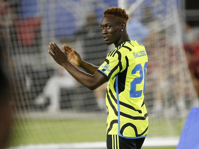 Jul 18, 2023; Washington, DC, USA; Arsenal forward Folarin Balogun (26) reacts during the 2023 MLS All Star Skills Challenge at Audi Field. Mandatory Credit: Amber Searls-USA TODAY Sports