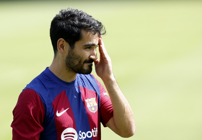 Soccer Football - FC Barcelona unveil Ilkay Gundogan - Ciutat Esportiva Joan Gamper, Barcelona, Spain - July 17, 2023 New FC Barcelona player Ilkay Gundogan during the presentation REUTERS/Albert Gea