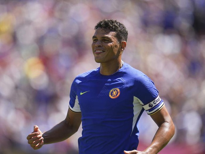 Chelsea's Thiago Silva reacts after scoring a goal on Fulham during a Premier League Summer Series soccer match, Sunday, July 30, 2023, in Landover, Md. (AP Photo/Julio Cortez)
