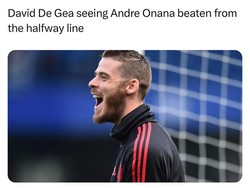 Andre Onana, kiper baru Manchester United kebobolan lewat tendangan dari tengah lapangan karena dirinya terlalu maju kontra Lens. David De Gea senyum-senyum nggak ya? (Internet/oddsbible)