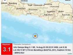 Gempa M 3,1 Terjadi di Laut Bantul