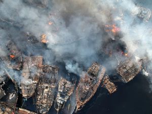 Ngeri! 52 Kapal Nelayan Terbakar di Pelabuhan Jongor Tegal Dilihat dari Atas