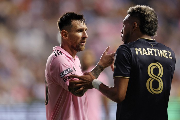 Aug 15, 2023; Chester, PA, USA; Inter Miami CF forward Lionel Messi (10) talks with Philadelphia Union midfielder Jose Andres Martinez (8) during the second half at Subaru Park. Mandatory Credit: Bill Streicher-USA TODAY Sports