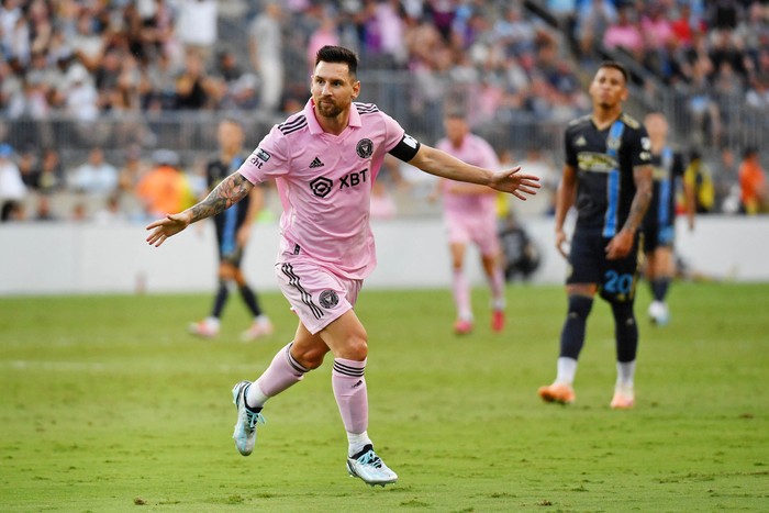 Aug 15, 2023; Chester, PA, USA; Inter Miami CF forward Lionel Messi (10) celebrates after scoring a goal against the Philadelphia Union during the first half at Subaru Park. Mandatory Credit: Eric Hartline-USA TODAY Sports