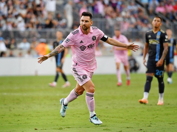 Aug 15, 2023; Chester, PA, USA; Inter Miami CF forward Lionel Messi (10) celebrates after scoring a goal against the Philadelphia Union during the first half at Subaru Park. Mandatory Credit: Eric Hartline-USA TODAY Sports