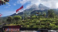 Potret Pengibaran Bendera Merah Putih Raksasa Berlatar Puncak Merapi