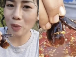 Geli! Wanita Ini Makan Kecoak Goreng Dicelup Sambal