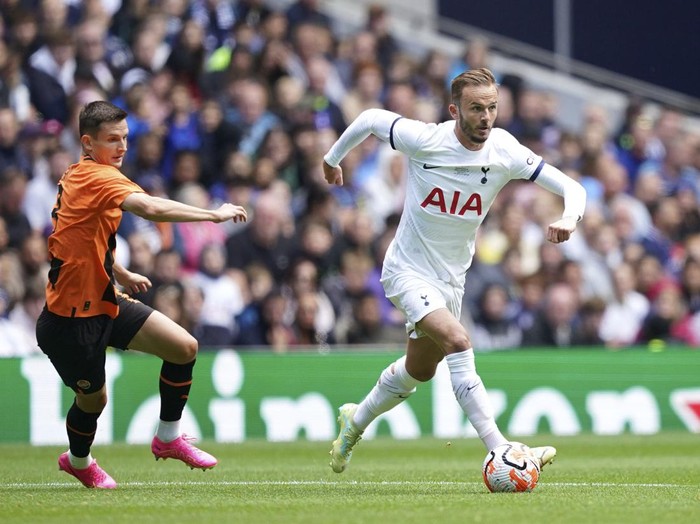 Tottenham Hotspur's James Maddison during the pre-season friendly soccer match between Tottenham and Shakhtar Donetsk, at the Tottenham Hotspur Stadium, London Sunday August 6, 2023. (Yui Mok/PA via AP)