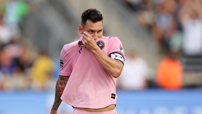 Aug 15, 2023; Chester, PA, USA; Inter Miami CF forward Lionel Messi (10) reacts after a play against the Philadelphia Union during the first half at Subaru Park. Mandatory Credit: Bill Streicher-USA TODAY Sports