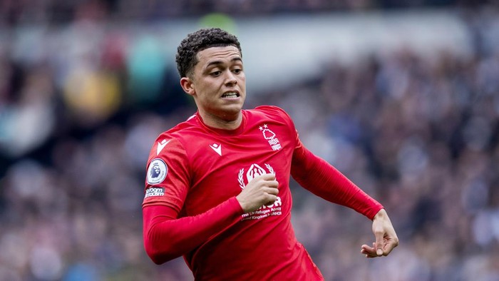 Nottingham Forests Brennan Johnson during the Premier League soccer match between Tottenham and Nottingham Forest at The Tottenham Hotspur Stadium in London, England, Saturday March 12th, 2023. (AP Photo/Leila Coker)