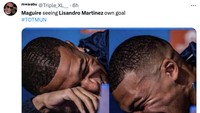 Kalau kata meme ini, Maguire cengar cengir macam Kylian Mbappe melihat gol bunuh diri Lisandro Martinez. Ya, ampun! (Foto: Twitter)