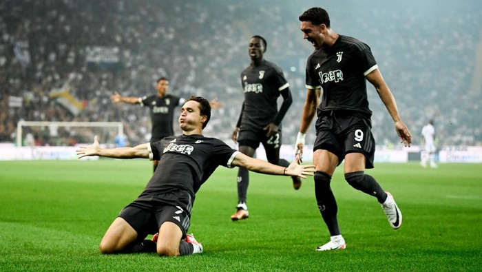 Federcio Chiesa merayakan gol yang dicetak ke gawang Udinese pada laga pertama Liga Italia 2023/2024.