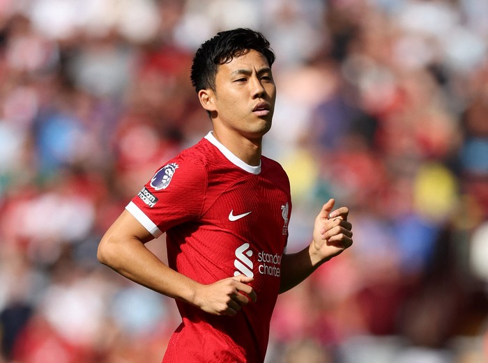 Wataru Endo Soccer Football - Premier League - Liverpool v AFC Bournemouth - Anfield, Liverpool, Britain - August 19, 2023 Liverpool's Wataru Endo REUTERS/David Klein EDITORIAL USE ONLY. No use with unauthorized audio, video, data, fixture lists, club/league logos or 'live' services. Online in-match use limited to 75 images, no video emulation. No use in betting, games or single club /league/player publications. Please contact your account representative for further details.