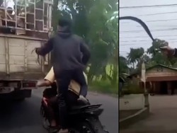 Bikin Miris, Remaja Acungkan Celurit Kejar Truk di Jalanan Langkat