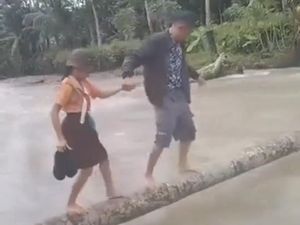 Viral Anak SD di Nias Seberangi Sungai Deras Pakai Batang Kelapa