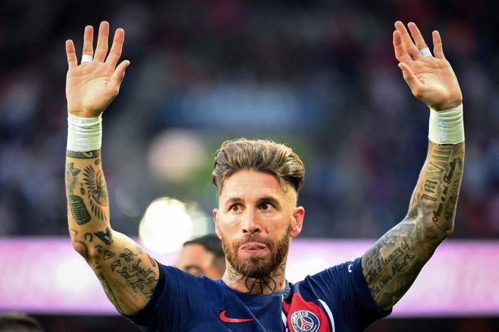 Paris Saint-Germains Spanish defender Sergio Ramos celebrates scoring his teams first goal during the French L1 football match between Paris Saint-Germain (PSG) and Clermont Foot 63 at the Parc des Princes Stadium in Paris on June 3, 2023. (Photo by FRANCK FIFE / AFP)