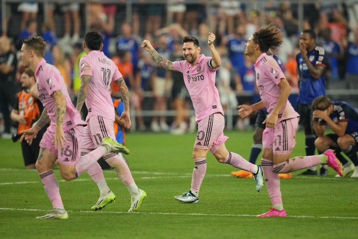 Aug 23, 2023; Cincinnati, OH, USA; Inter Miami forward Lionel Messi (10) celebrated a defeating FC Cincinnati at TQL Stadium. Mandatory Credit: Aaron Doster-USA TODAY Sports