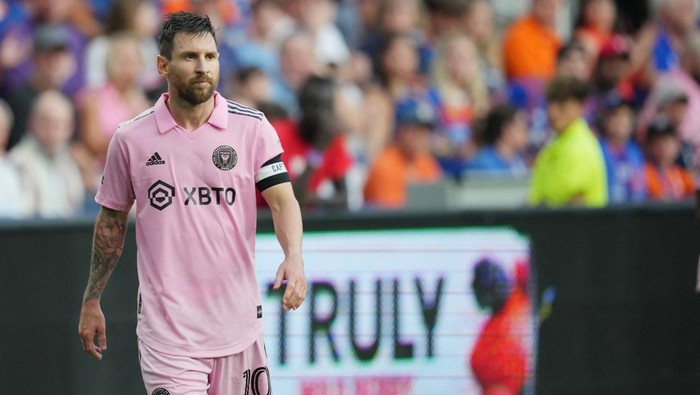 Aug 23, 2023; Cincinnati, OH, USA; Inter Miami forward Lionel Messi (10) reacts to a play in the first half against the FC Cincinnati at TQL Stadium. Mandatory Credit: Aaron Doster-USA TODAY Sports