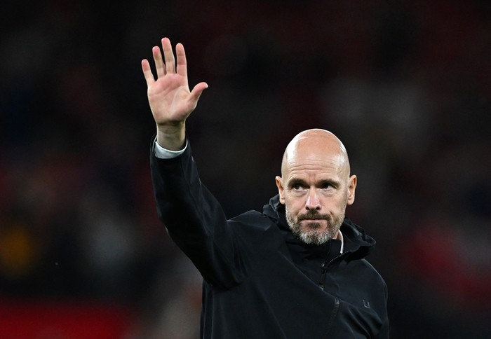 Soccer Football - Premier League - Manchester United v Wolverhampton Wanderers - Old Trafford, Manchester, Britain - August 14, 2023 Manchester United manager Erik ten Hag celebrates after the match REUTERS/Dylan Martinez EDITORIAL USE ONLY. No use with unauthorized audio, video, data, fixture lists, club/league logos or 'live' services. Online in-match use limited to 75 images, no video emulation. No use in betting, games or single club /league/player publications.  Please contact your account representative for further details.