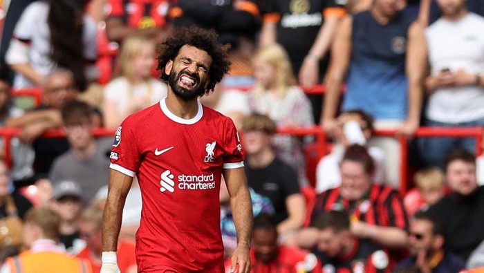 Soccer Football - Premier League - Liverpool v AFC Bournemouth - Anfield, Liverpool, Britain - August 19, 2023 Liverpools Mohamed Salah celebrates scoring their first goal REUTERS/David Klein EDITORIAL USE ONLY. No use with unauthorized audio, video, data, fixture lists, club/league logos or live services. Online in-match use limited to 75 images, no video emulation. No use in betting, games or single club /league/player publications.  Please contact your account representative for further details.