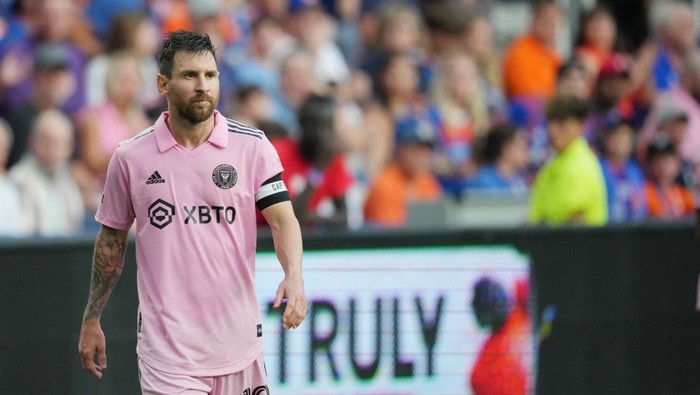 Aug 23, 2023; Cincinnati, OH, USA; Inter Miami forward Lionel Messi (10) reacts to a play in the first half against the FC Cincinnati at TQL Stadium. Mandatory Credit: Aaron Doster-USA TODAY Sports