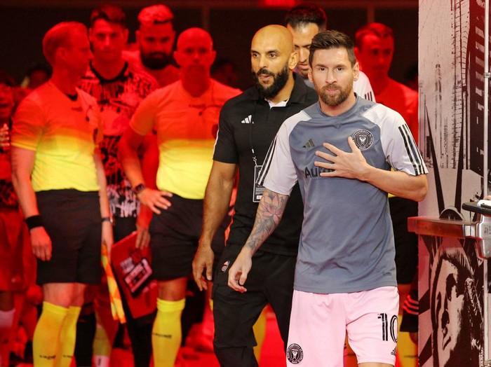 Aug 26, 2023; Harrison, New Jersey, USA; Inter Miami CF forward Lionel Messi (10) walks in the tunnel before the game against the New York Red Bulls at Red Bull Arena. Mandatory Credit: Brad Penner-USA TODAY Sports
