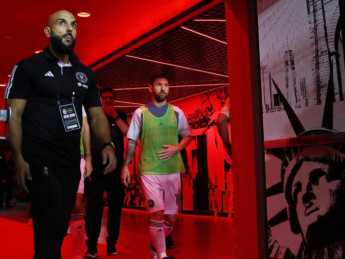 Aug 26, 2023; Harrison, New Jersey, USA; Inter Miami CF forward Lionel Messi (10) walks through the tunnel to the field during halftime against the New York Red Bulls at Red Bull Arena. Mandatory Credit: Vincent Carchietta-USA TODAY Sports
