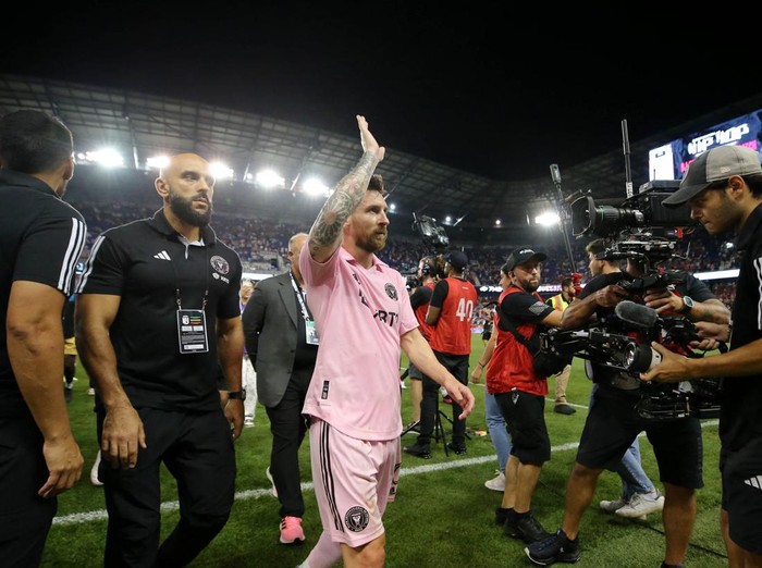 Aug 26, 2023; Harrison, New Jersey, USA; Inter Miami CF forward Lionel Messi (10) waves to fans after their win against the New York Red Bulls at Red Bull Arena. Mandatory Credit: Brad Penner-USA TODAY Sports
