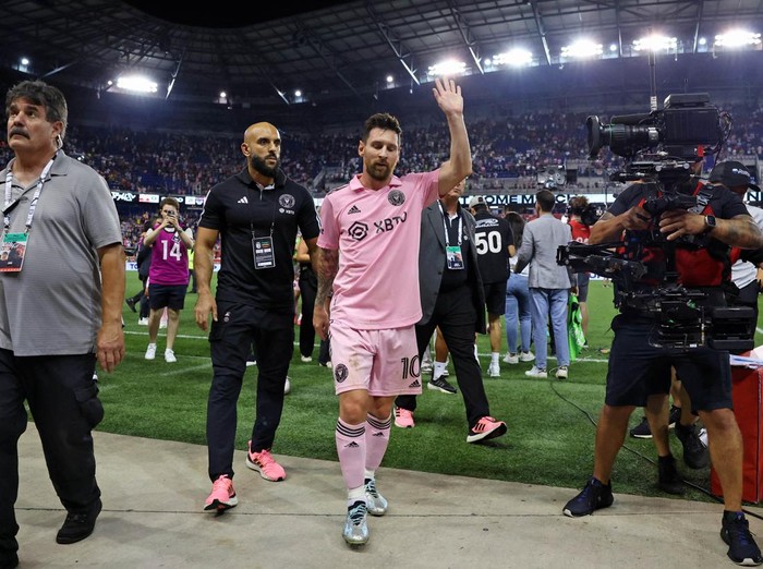 Aug 26, 2023; Harrison, New Jersey, USA; Inter Miami CF forward Lionel Messi (10) walks off the field after their win against the New York Red Bulls at Red Bull Arena. Mandatory Credit: Vincent Carchietta-USA TODAY Sports