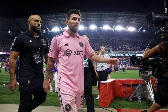 Aug 26, 2023; Harrison, New Jersey, USA; Inter Miami CF forward Lionel Messi (10) walks off the field after their win against the New York Red Bulls at Red Bull Arena. Mandatory Credit: Vincent Carchietta-USA TODAY Sports